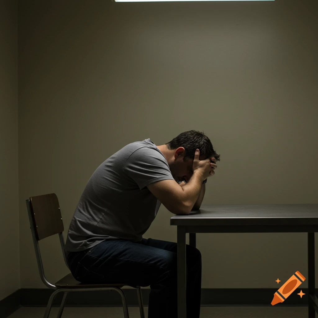 A man sits slumped at a metal table in a dimly lit room, burying his face in his hands.
