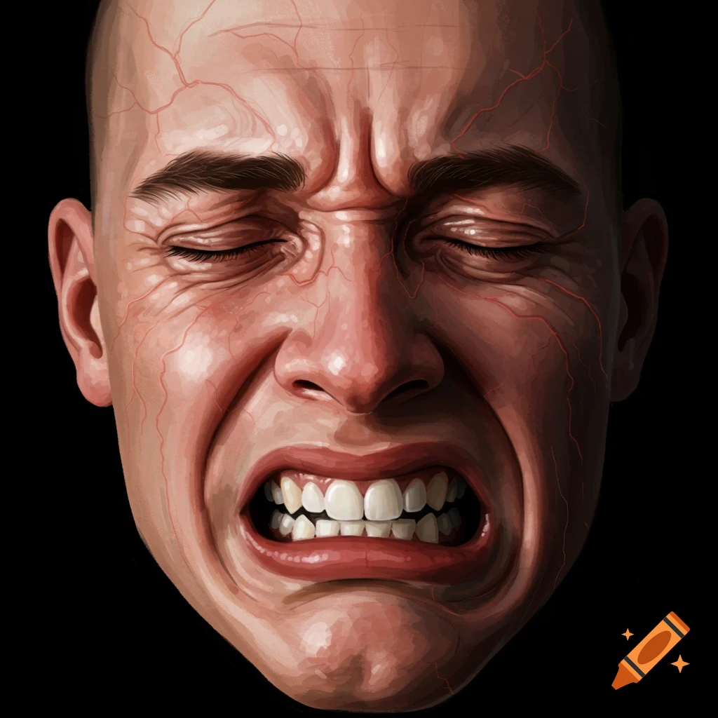 A close-up of a human face contorted in pain, with eyes squinted and teeth gritted.