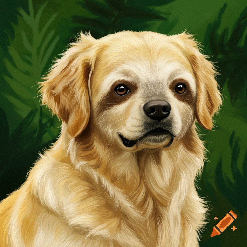 A dog with a sloth face against a green background.