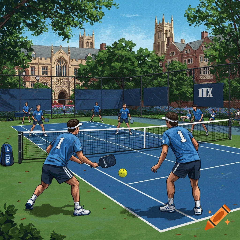 People playing pickleball on a blue court with university buildings in the background