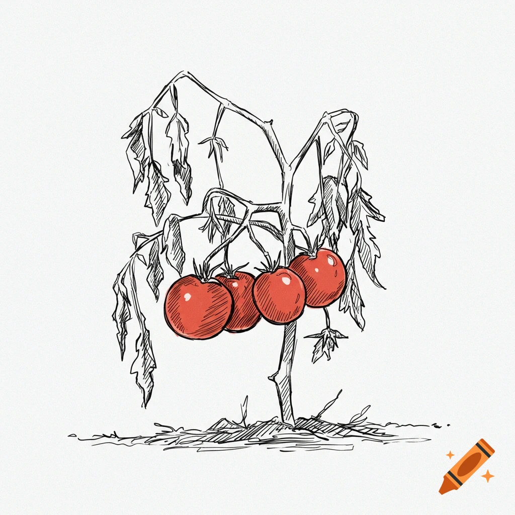 A simple sketch of a dead tomato plant with red tomatoes.