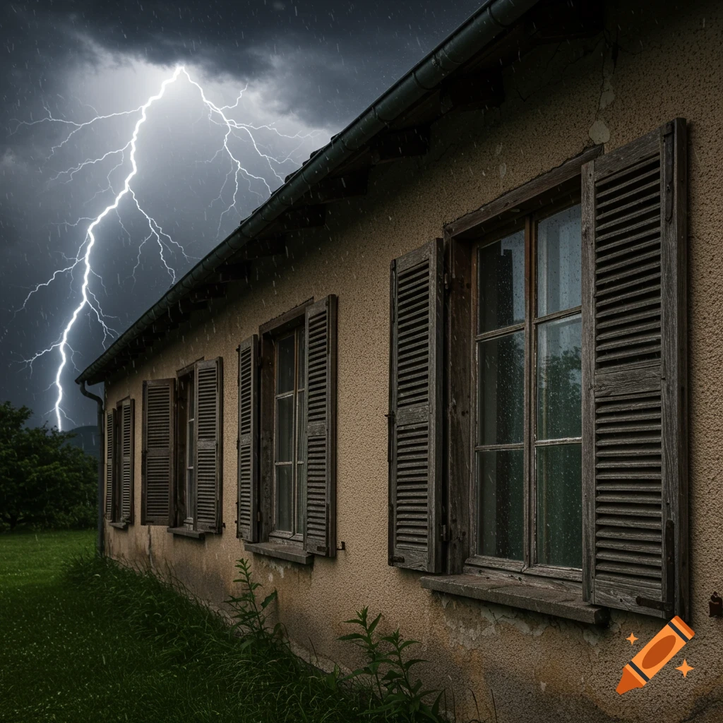 A house with closed shutters is hit by rain during a thunderstorm with a large lightning strike.