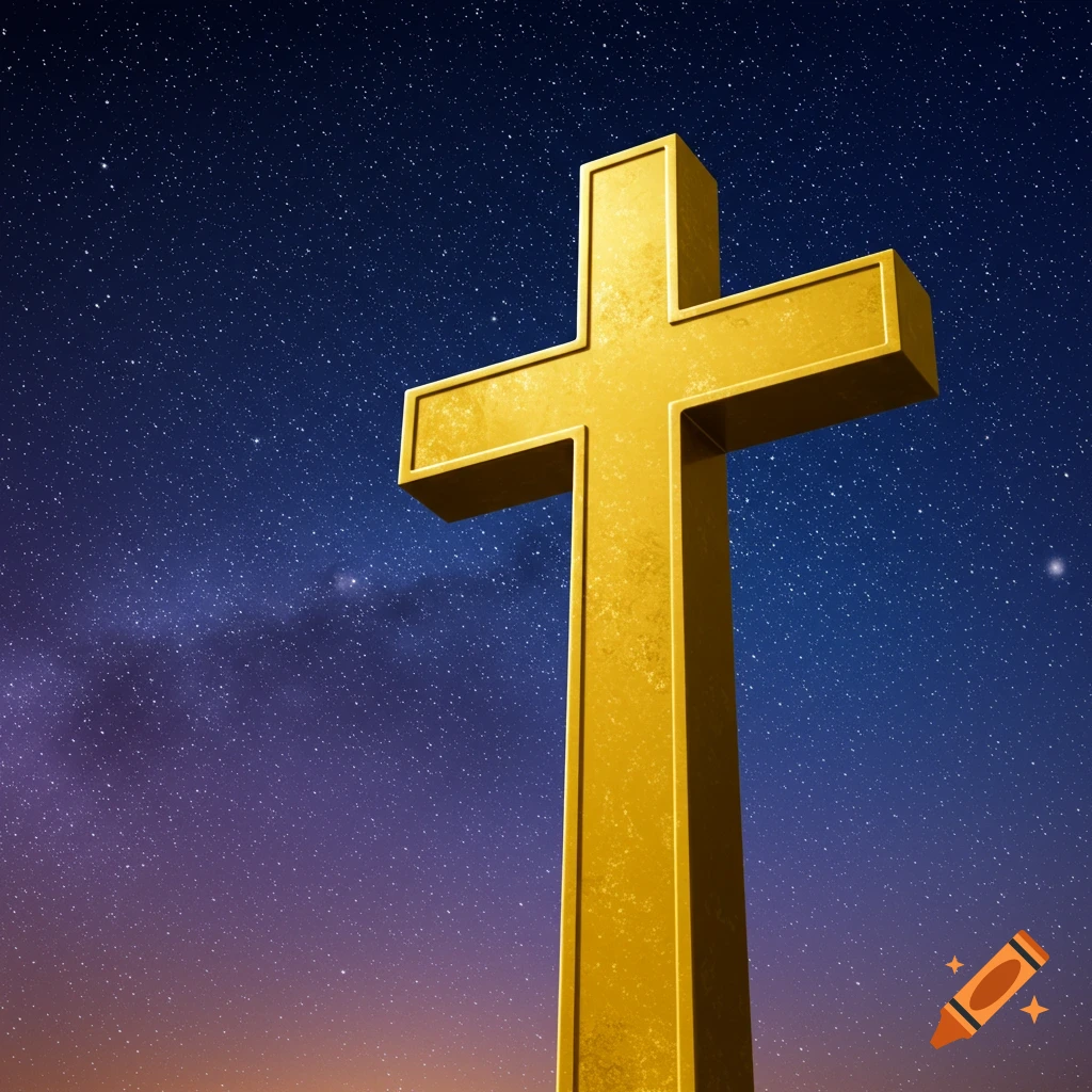 A golden cross against a starry night sky.