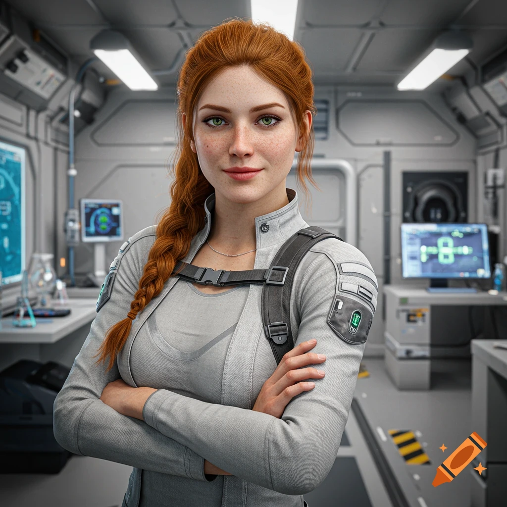 A woman with red braided hair and freckles stands in a futuristic lab, arms crossed, wearing a grey sci-fi suit.