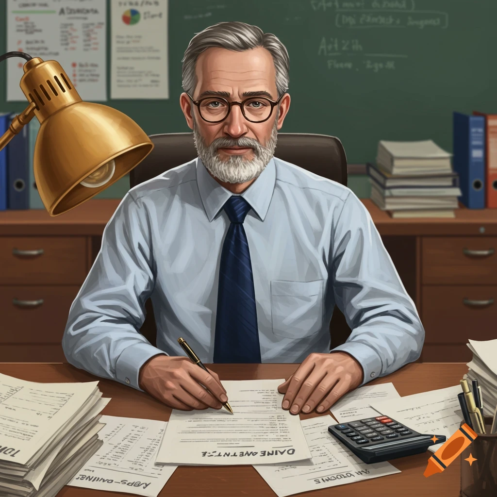 A man with a beard and glasses sits at a desk, writing on documents in an office.