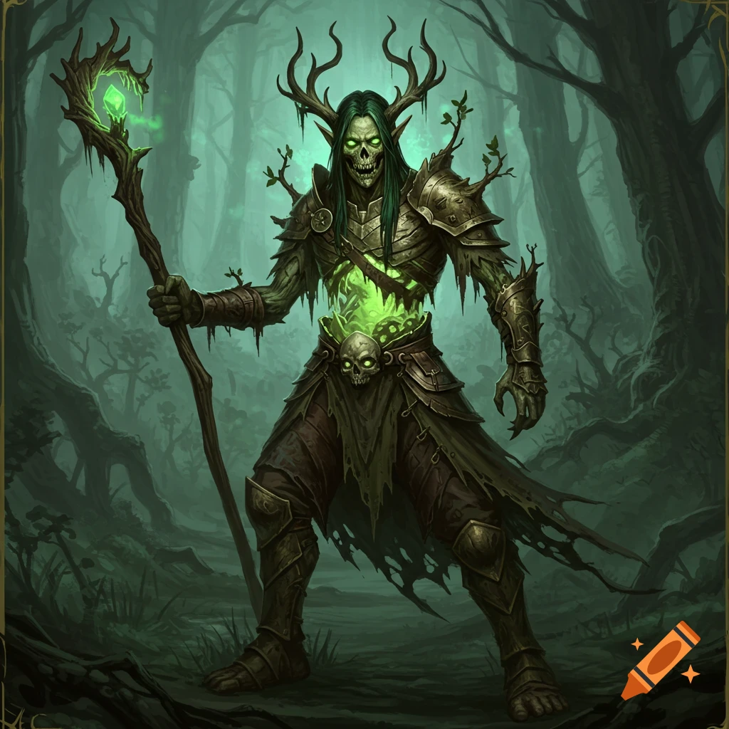 A decaying undead wood elf with glowing green eyes and chest stands in a dark forest, adorned with antler-like branches, armor, and holding a staff.