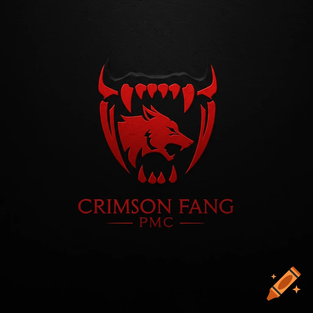 Red logo of a wolf head in a fanged mouth with the text CRIMSON FANG PMC