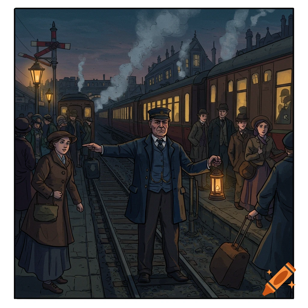 An illustration of a signalman directing passengers on a train platform at dusk.