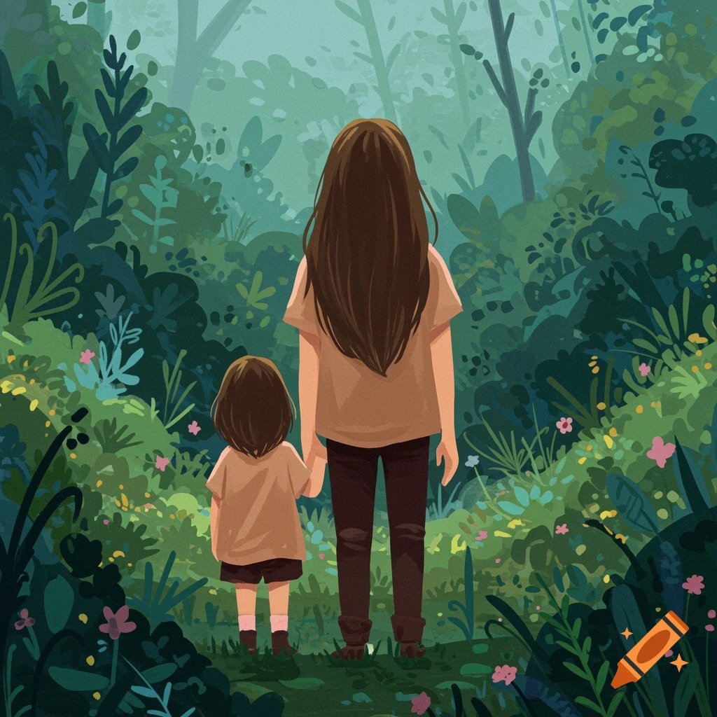 Illustration of two people holding hands, seen from behind, walking into a lush green forest.