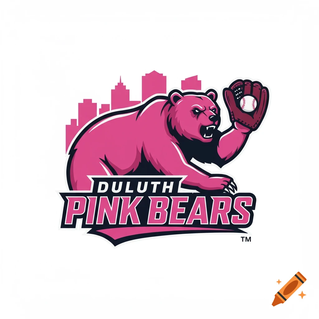 Logo of a pink bear in a baseball mitt with a skyline backdrop, text 'Duluth Pink Bears'.