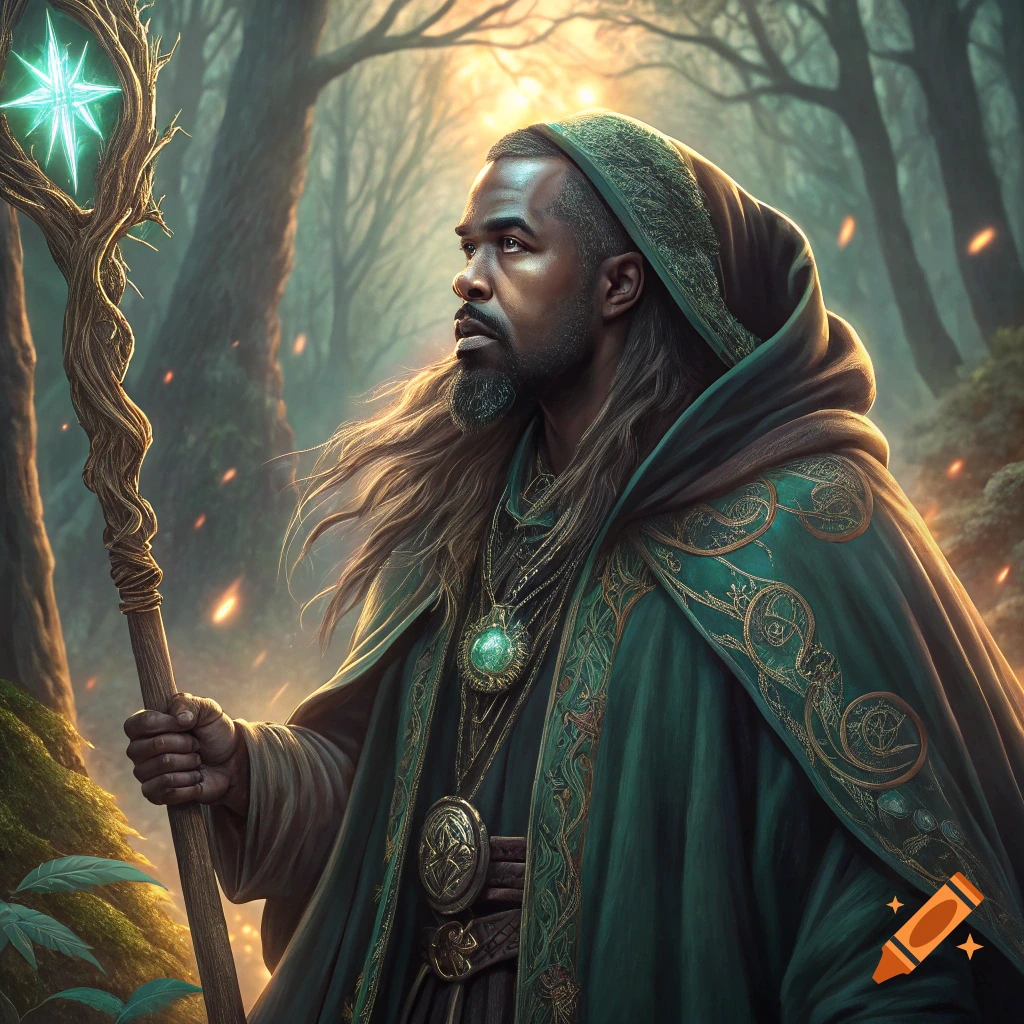A fantasy character resembling a druid or wizard stands in a forest holding a glowing staff.