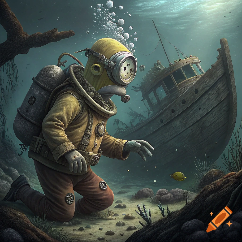 Homer Simpson in an old yellow diving suit underwater near a sunken wooden ship.
