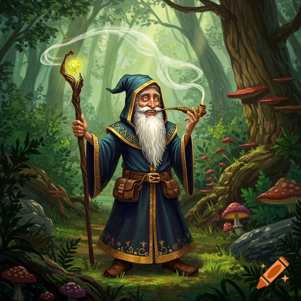 A cartoon wizard smoking a pipe in a forest holding a staff.