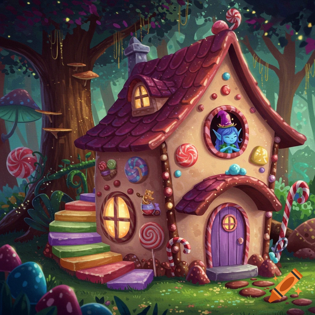 A magical candy house in a forest with a blue creature looking out a window, digital art.