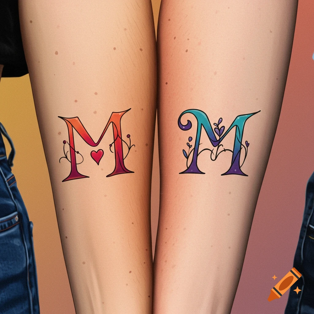 Two arms display colorful letter M tattoos.