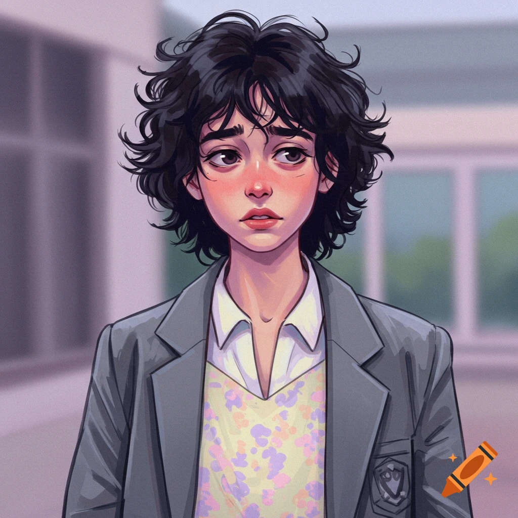portrait of a person with curly dark hair wearing a blazer over a floral top, looking shy.