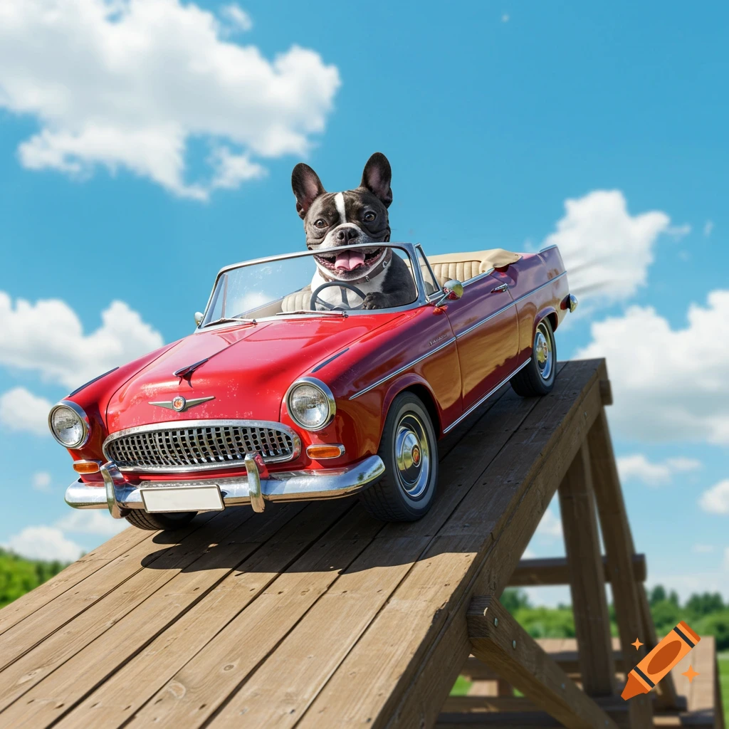 A French bulldog is driving a red convertible up a ramp
