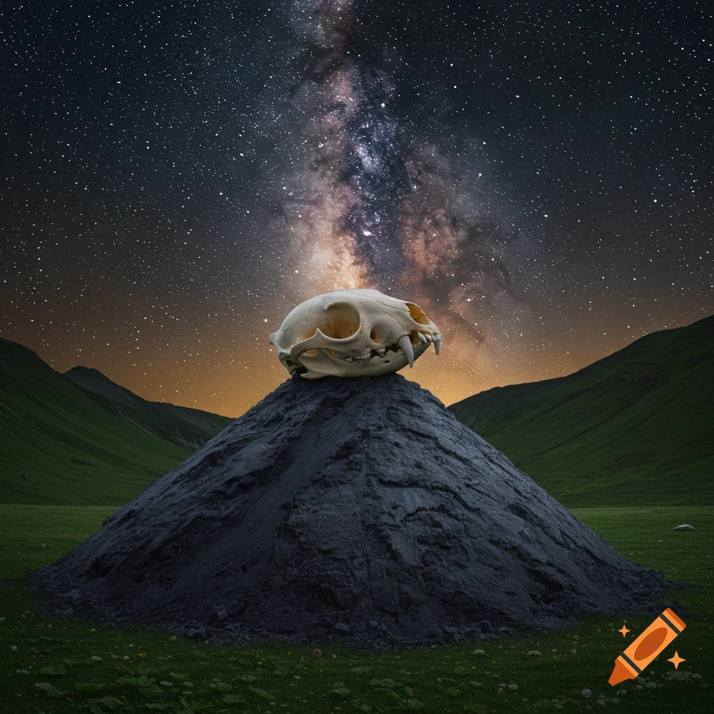 A weasel skull rests on a pile of ash in a green valley under a starry night sky with the Milky Way.
