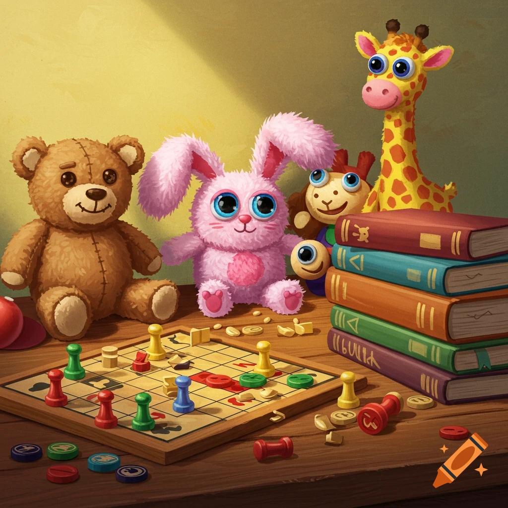 Stuffed animals, a board game, and books are arranged on a table.