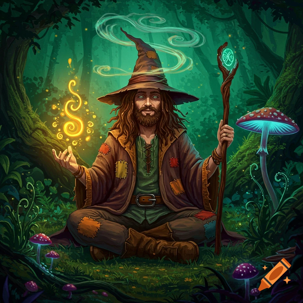 A wizard meditating in a forest, holding a glowing staff.