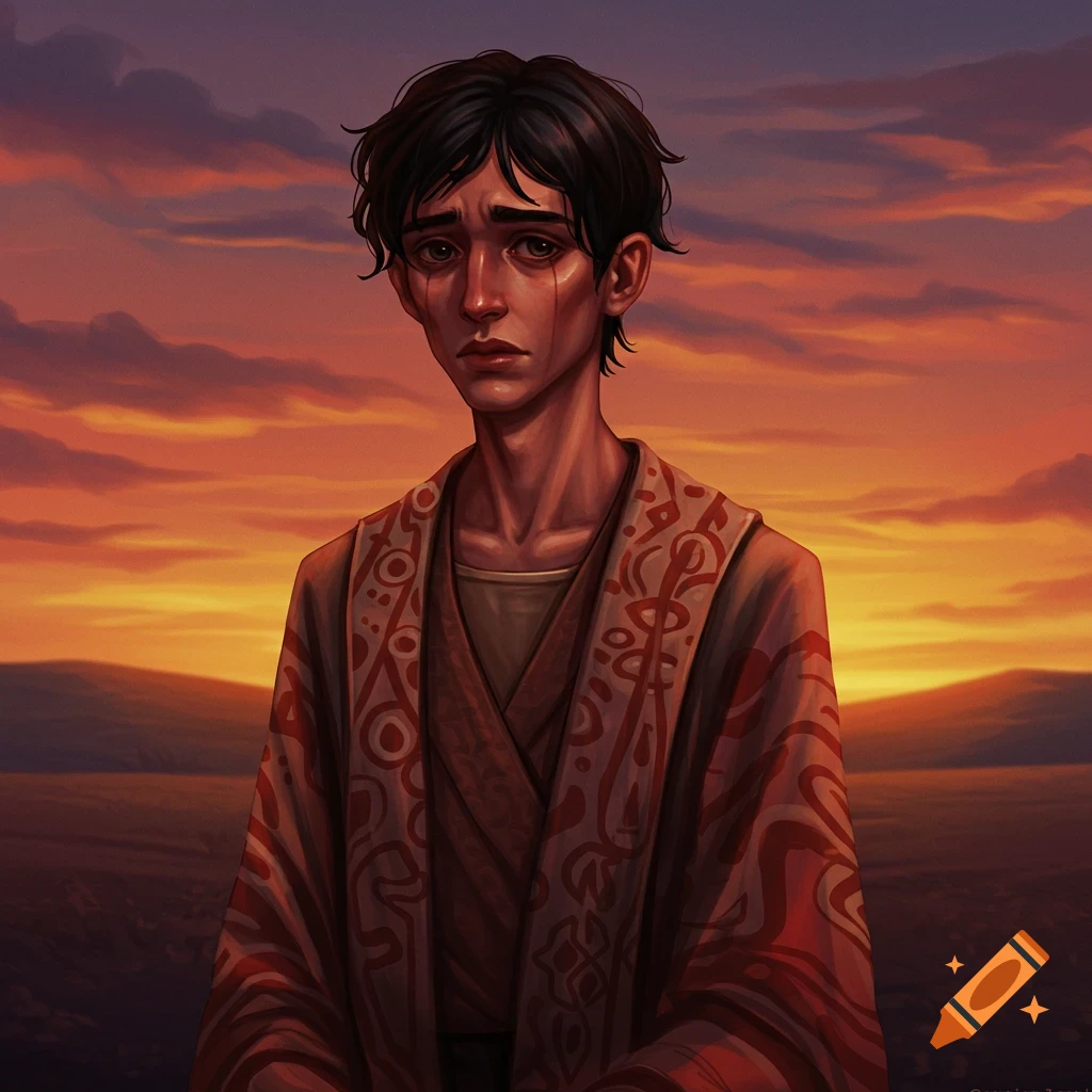 A sad young person in a patterned robe is depicted against a sunset landscape.