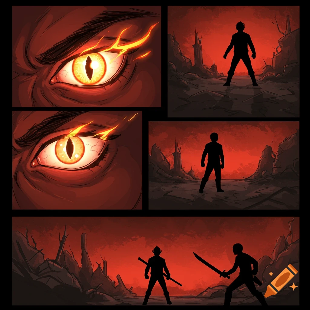 Comic panel layout showing a demon's eye close-up and character silhouettes fighting in a ruined, red-lit landscape.