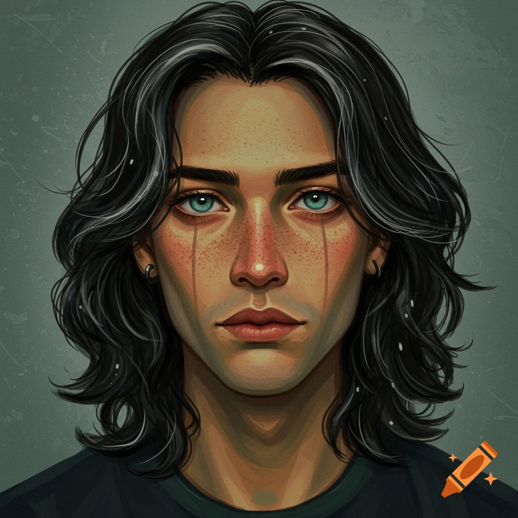 Portrait of a young person with long dark hair with silver streaks, freckles, and teal eyes.