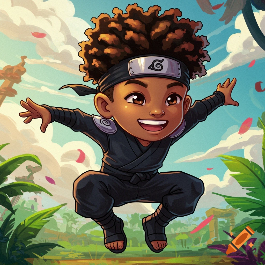 Cute cartoon boy ninja leaping in the air against a bright sky with plants.
