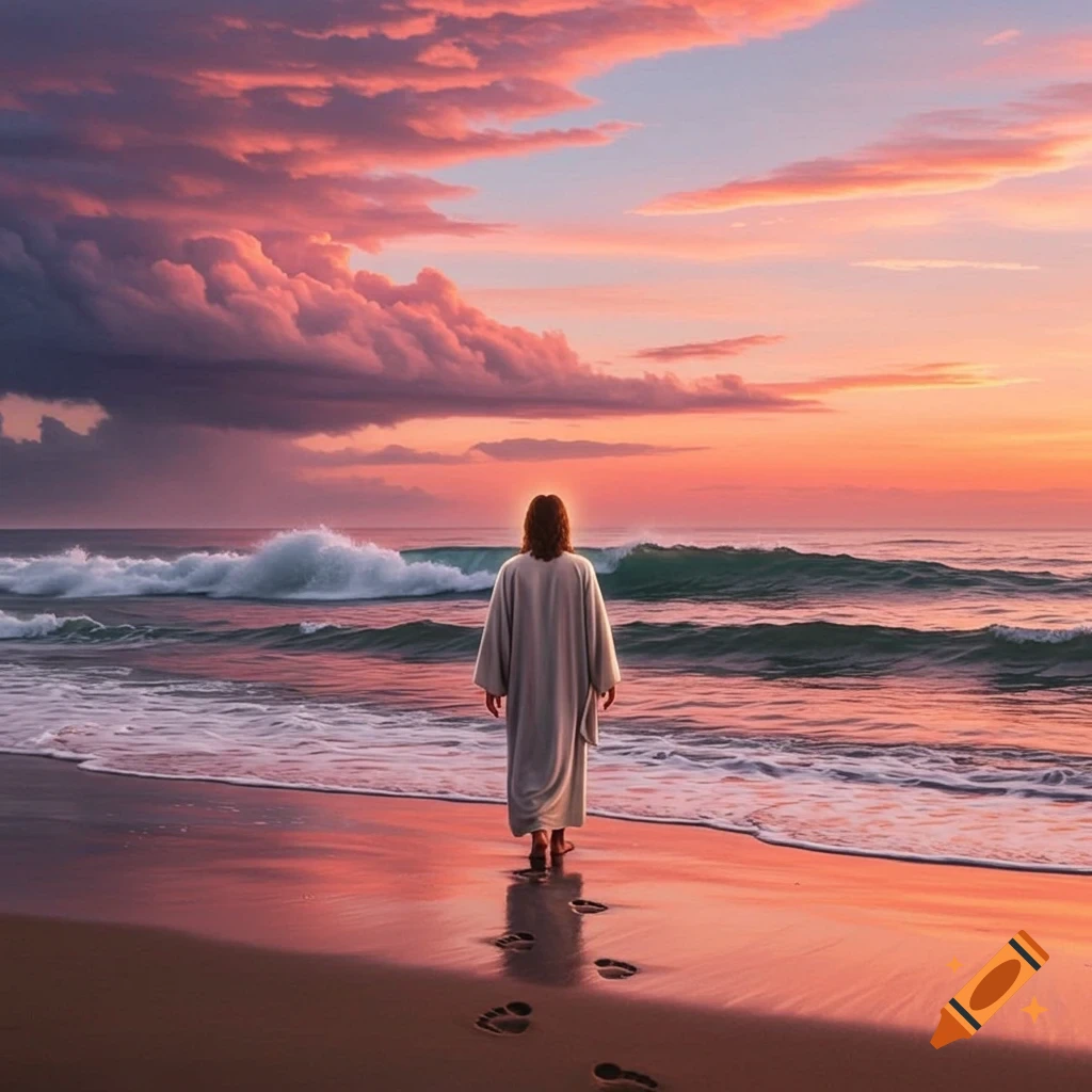 Jesus walking on a beach at sunrise, leaving footprints in the sand.