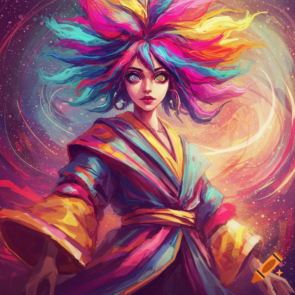 Figure with vibrant, multi-colored hair against a swirling cosmic background.