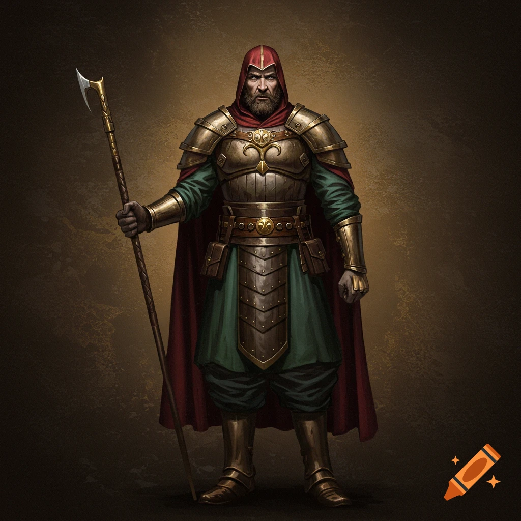 A standing fantasy warrior in golden armor, red cloak, and green tunic, holding a staff.