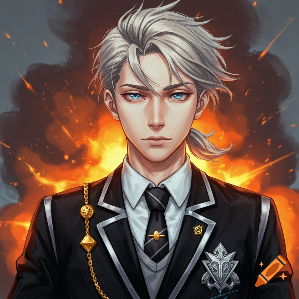 Anime portrait of a man with white hair and blue eyes in a black suit, standing before fire.