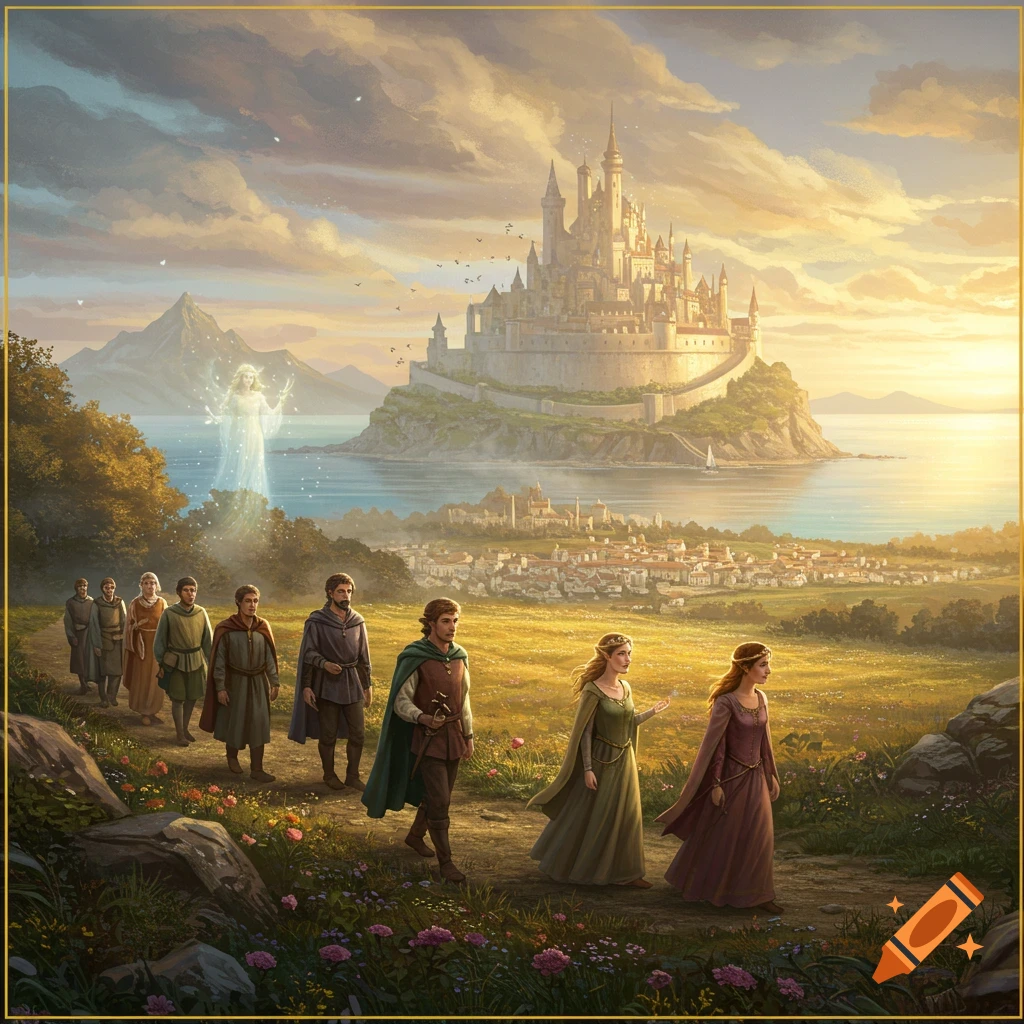 People walk on a path toward a castle, with a translucent figure nearby.