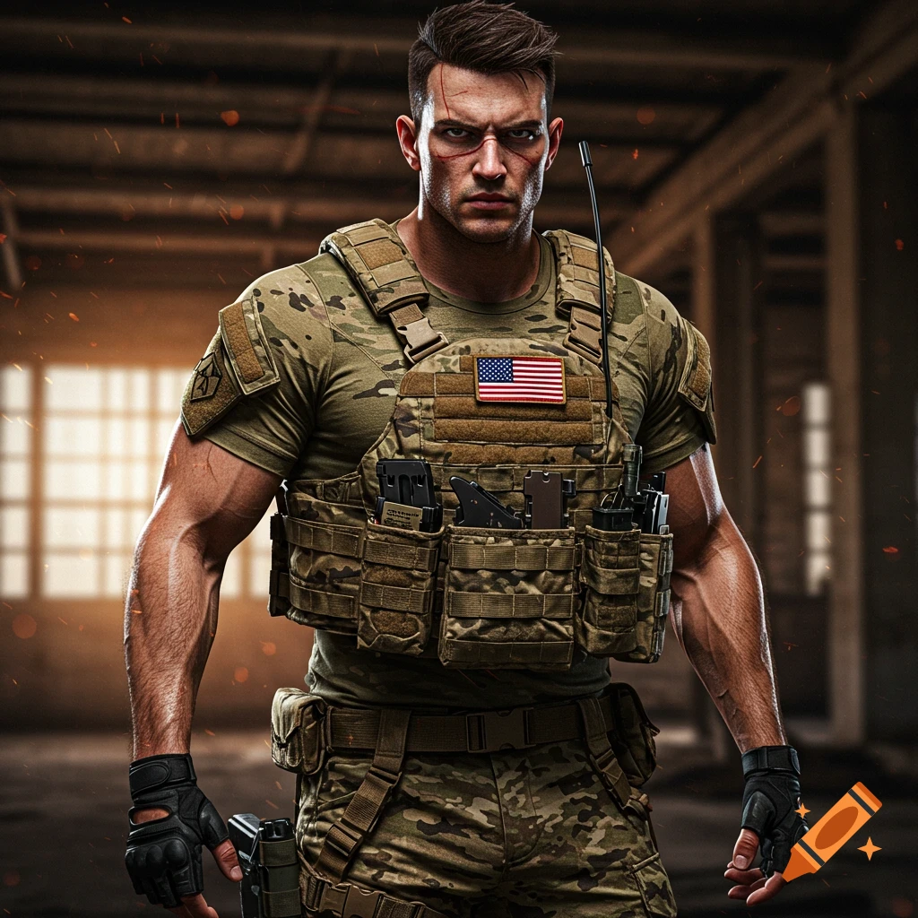 Muscular soldier in tactical gear with an American flag patch, in a derelict building.