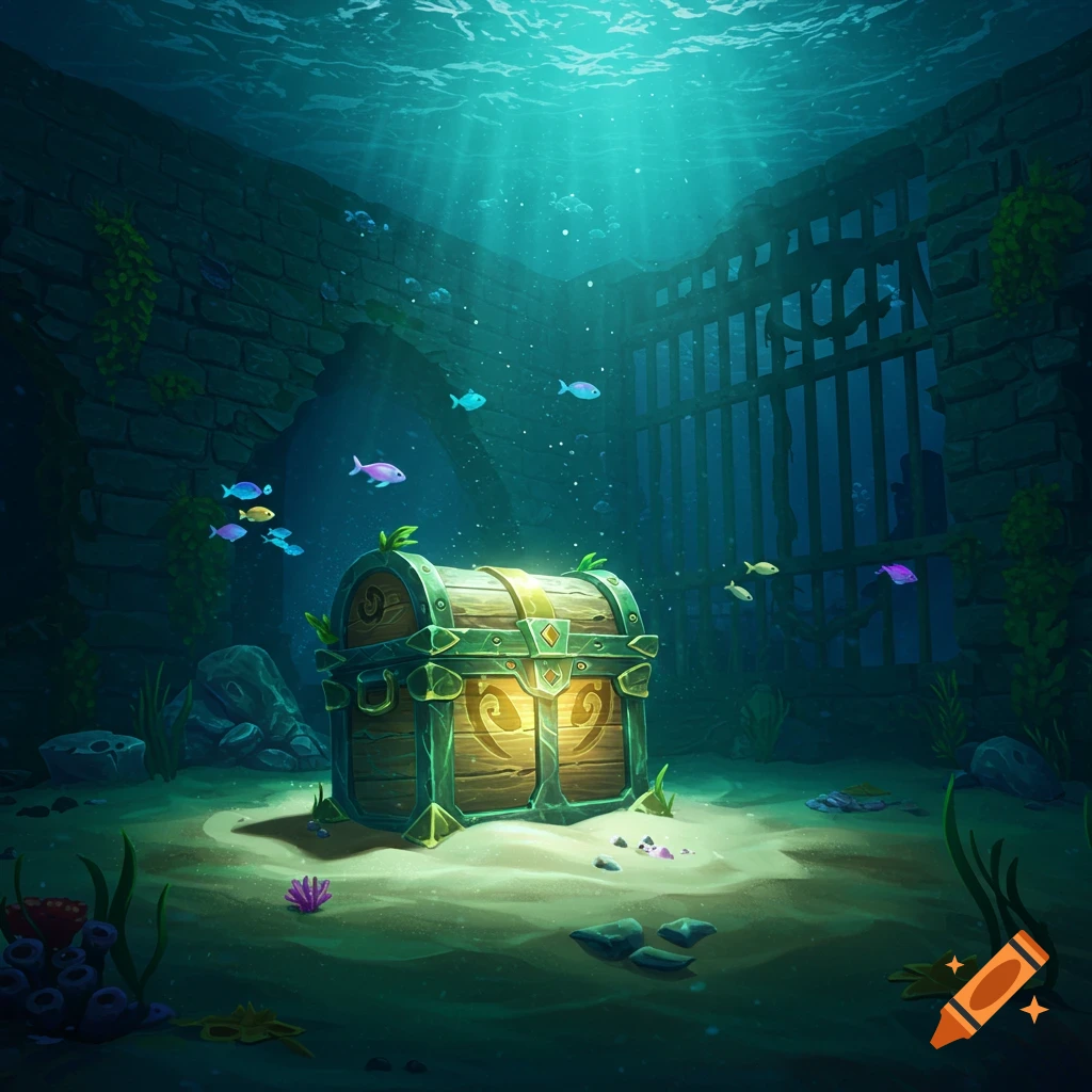 An underwater treasure chest in ancient ruins with fish and light rays.