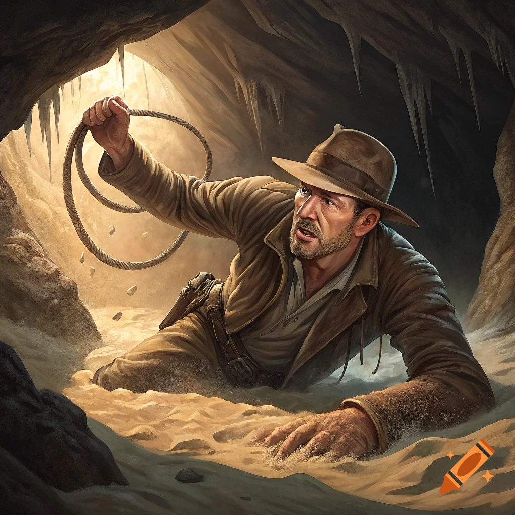 Illustrative painting of an adventurer struggling in quicksand inside a cave.