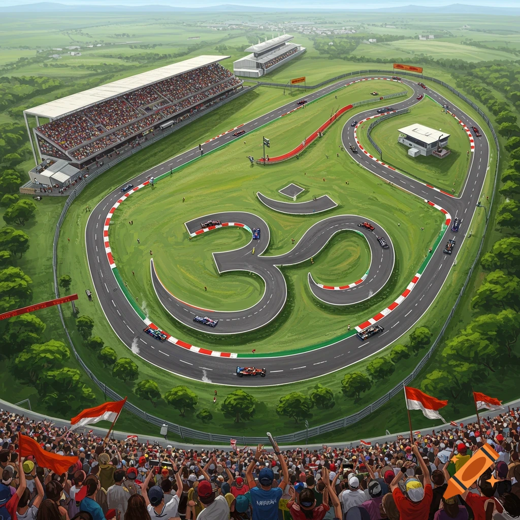 An F1 race track shaped like the Om symbol, with cars racing and spectators watching.