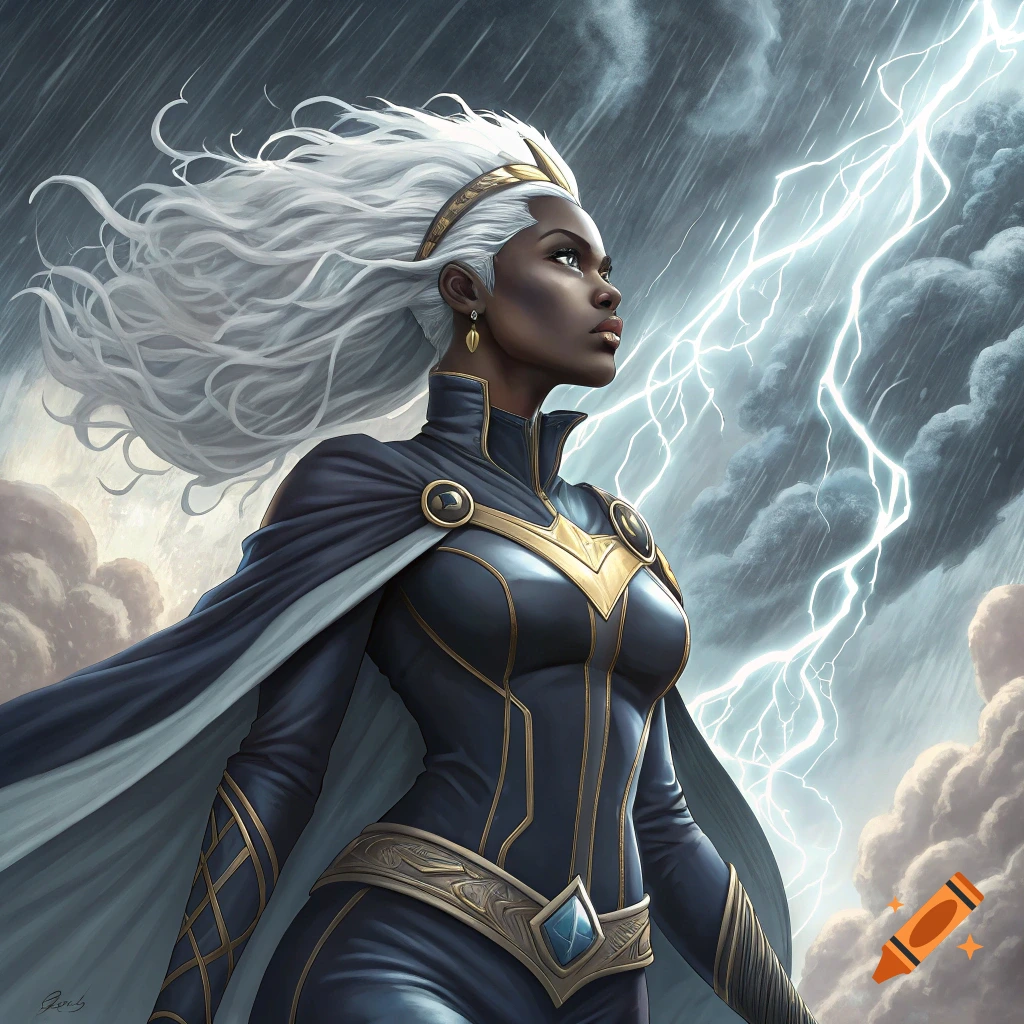 Superhero Storm in blue and gold costume with white hair looking at lightning during a storm.