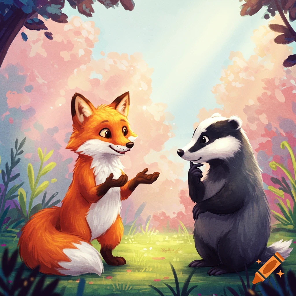 An illustration of a cartoon fox talking to a badger in a forest clearing.