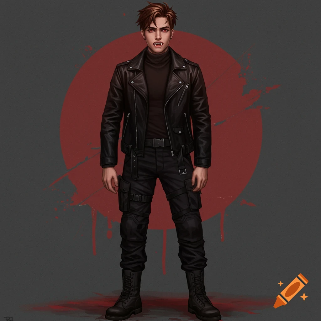 A young male vampire in black leather jacket and cargo pants standing before a red circle.