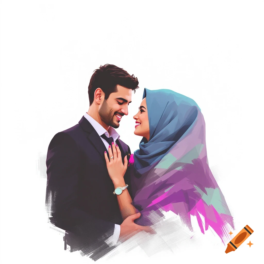 A man in a suit and a woman in a hijab looking at each other.