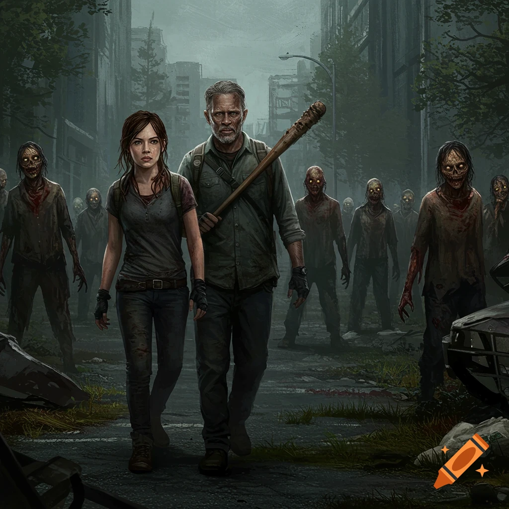 A man and woman walk through a ruined city surrounded by zombies.