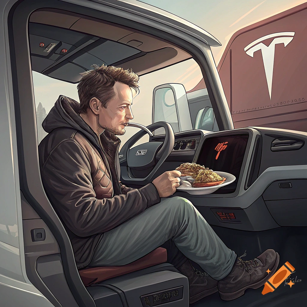 Illustration of Elon Musk eating a meal in the driver's seat of a Tesla truck.