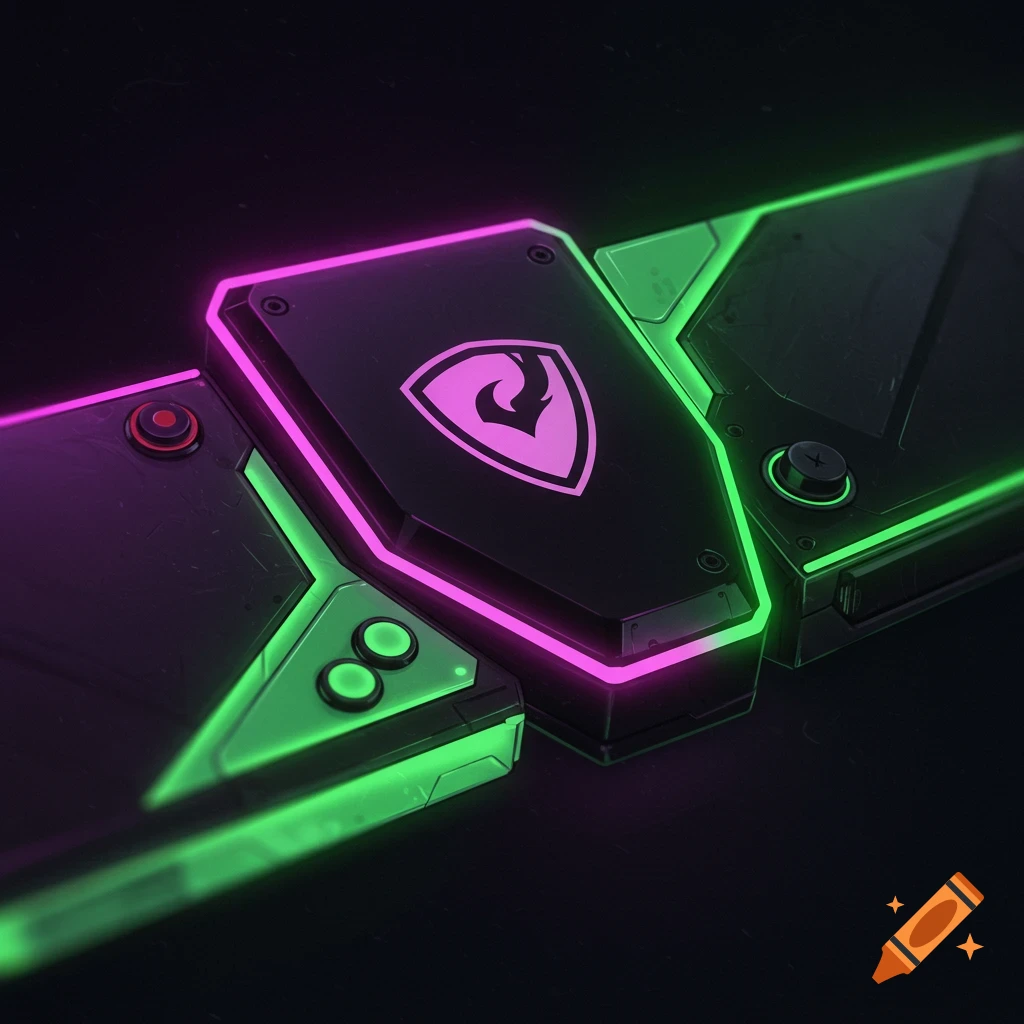 A black tech device with neon pink and green lights and a pink shield logo