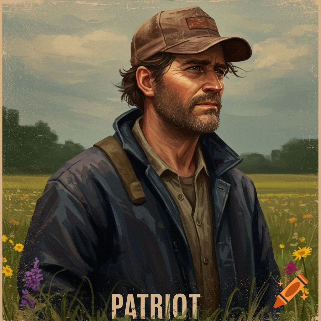 A man in a cap and jacket is standing in a field with flowers. Text 'PATRIOT' is at the bottom.