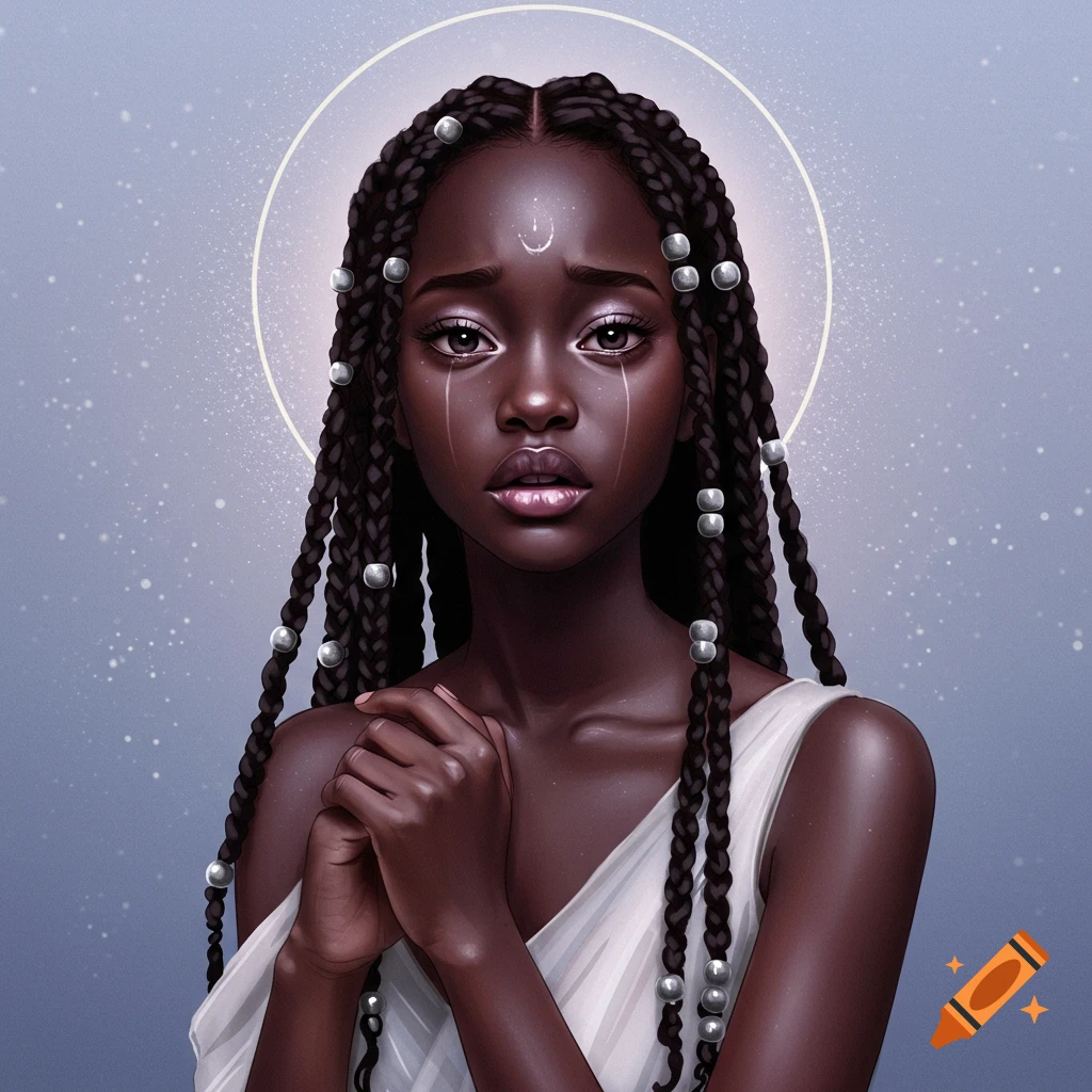 A young Black woman with long braided hair, silver beads, tears, a white dress, and a halo