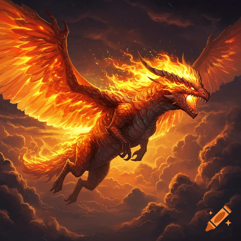 A fiery red dragon flying through dark, cloudy skies.