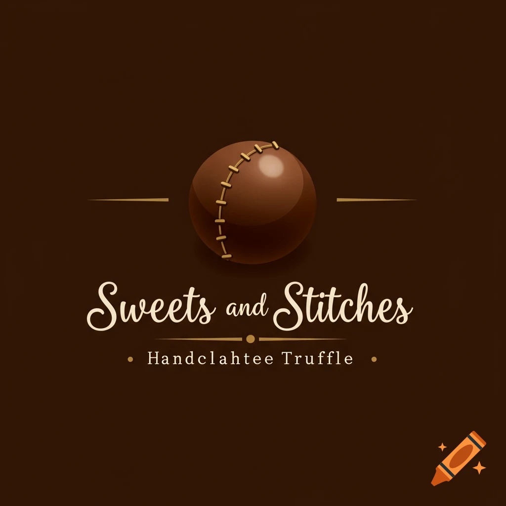 Logo for Sweets and Stitches featuring a brown truffle shaped like a baseball with stitching.