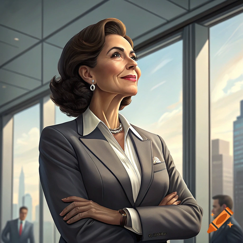 A business woman in a suit stands by an office window, looking up at the city.