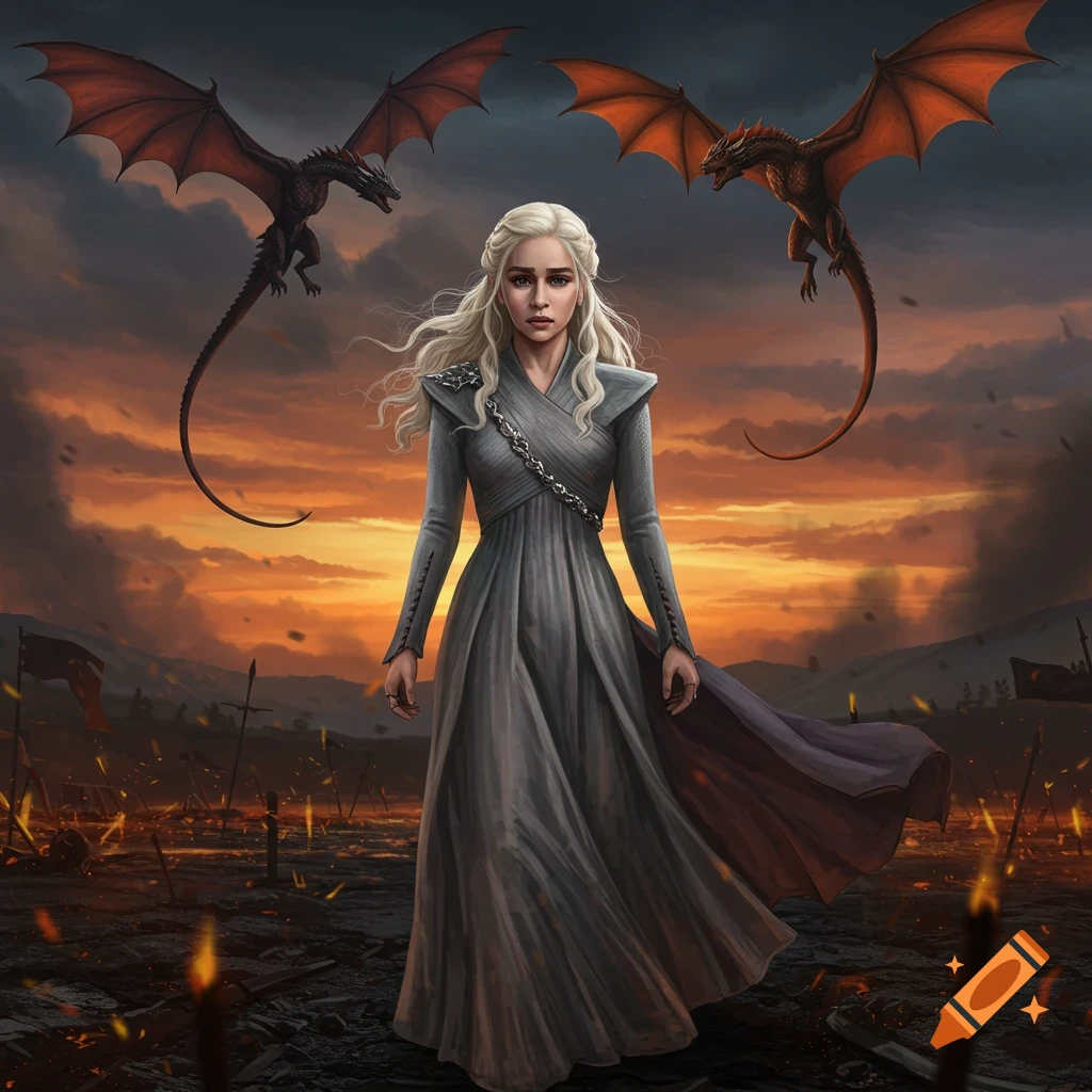 A woman with long blonde hair stands on a battlefield with two dragons flying behind her during sunset.